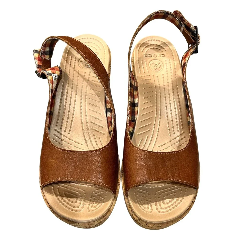 Crocs A-LEIGH Brown Leather Slingback Cork Platform Wedge Pump Sandal  Size 8 - Picture 7 of 9
